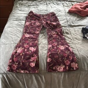 DRIFTWOOD Purple and Pink Flare Jeans with Bold Floral Design